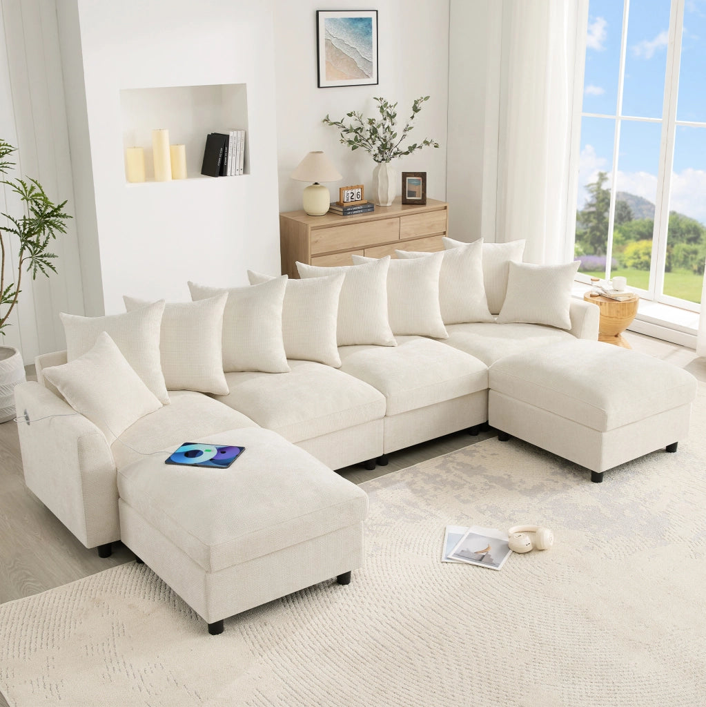 Sofa modulare angolare 6 posti in tessuto chenille beige con USB e Type-C; 283 cm