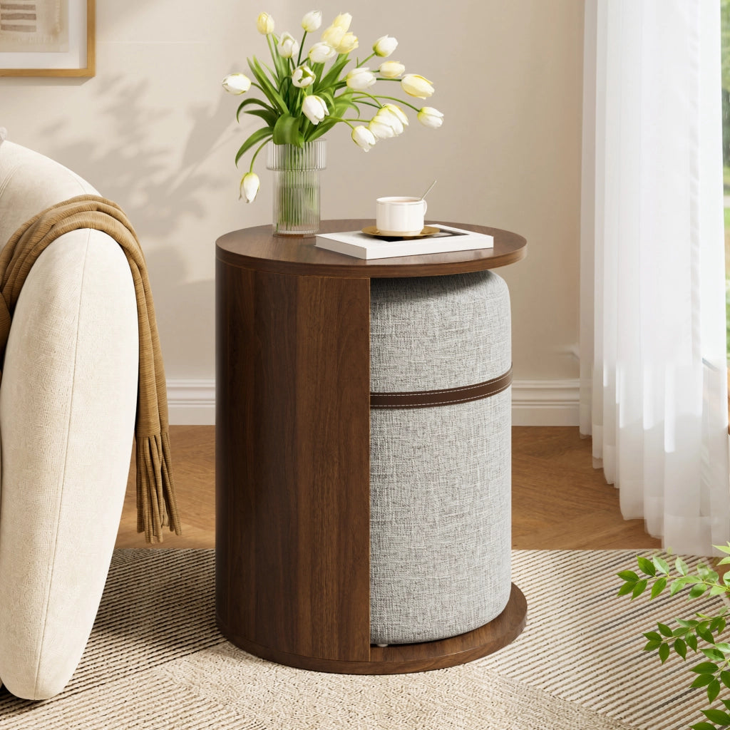 Set Tavolino Rotondo con Sgabello, Mobile Moderno in MDF Effetto Legno con Spazio Contenitore per Salotto