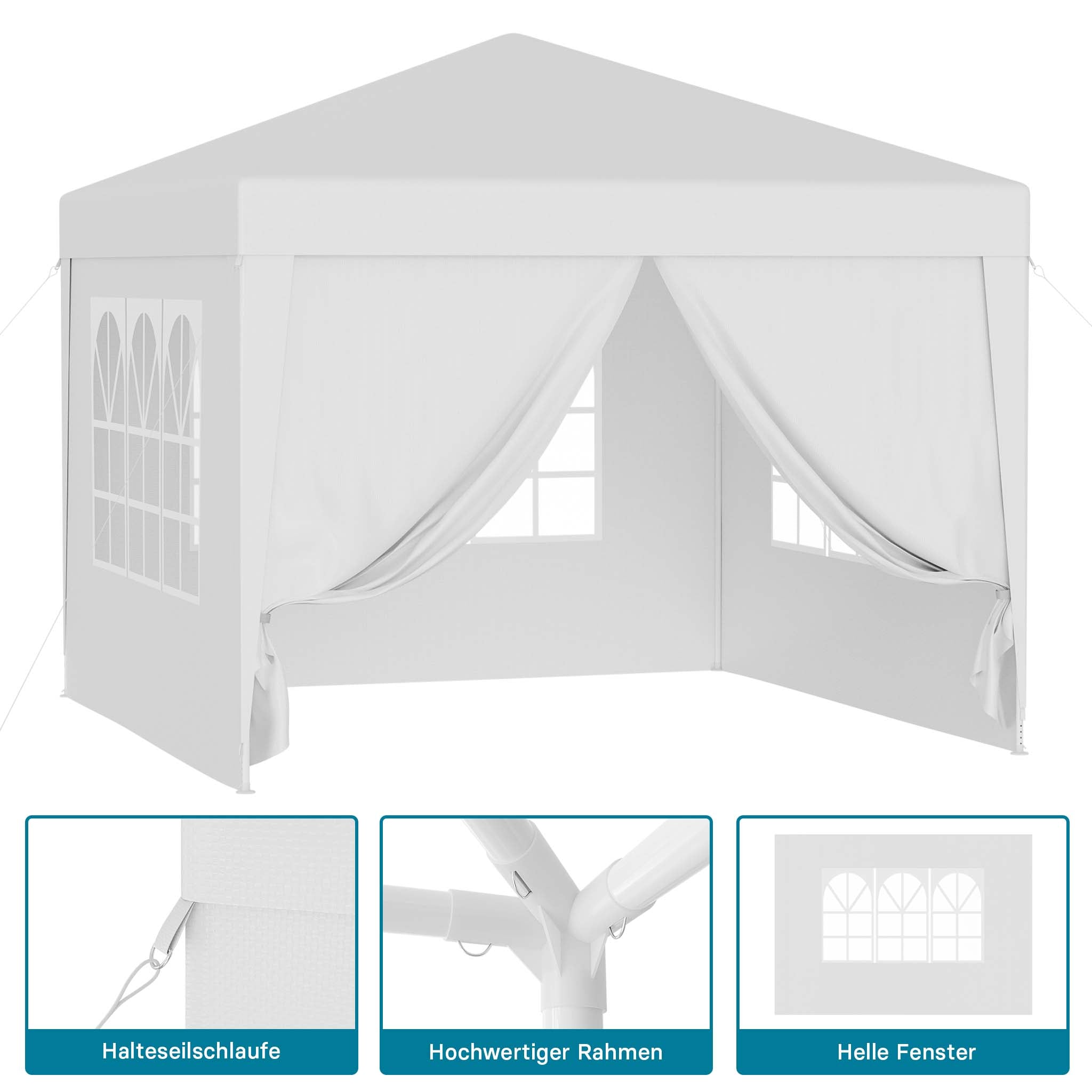 Gazebo 3 x 3 m in bianco con protezione UV 50+, tendone da giardino con lati rimovibili, tenda da festa con finestre, ad esempio per terrazze e festival
