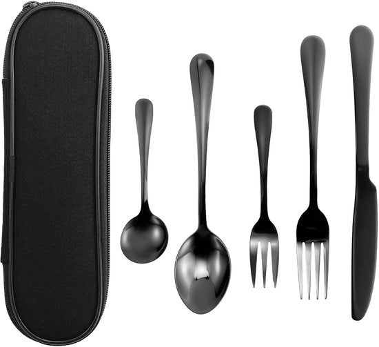 Set da cucina in acciaio inossidabile 5 pezzi - Set da tavola per 1 persona - Set da cucina per campeggio - Set da cucina per lavastoviglie - Incluso contenitore di trasporto