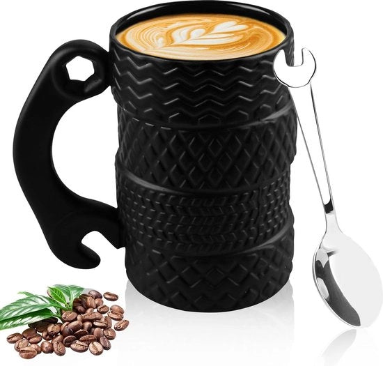 Caffè in grande contenitore 500 ml - Tazza ceramica a forma di cinghia con cucchiaio - Tazza da caffè per uomini - Amanti delle auto - Regalo per conducenti e meccanici.