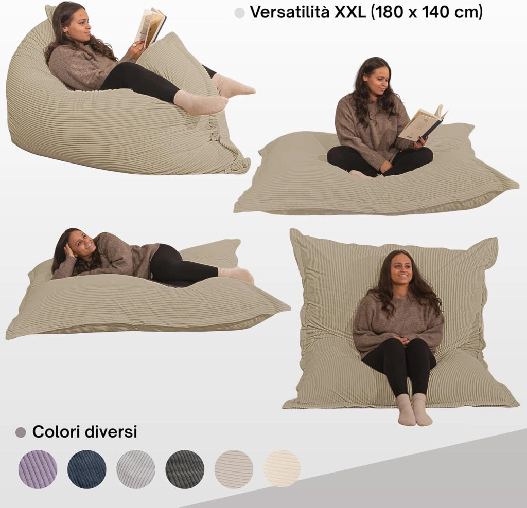 Pouf Poltrona a Sacco - Imbottitura in Schiuma, Molto Confortevole - Tessuto Morbido, Velluto a Coste - Fodera Lavabile - Pouf Divano Gigante (180 x 140 cm, Beige)