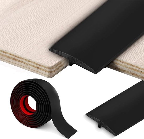 Profilo di transizione T, 5 cm x 3 m, profilo di transizione autoadesivo, striscia di transizione in PVC per pavimento, striscia di transizione per le soglie porte per il collegamento di pavimenti, intercapedini tra lastre di pavimento in laminato (nero)