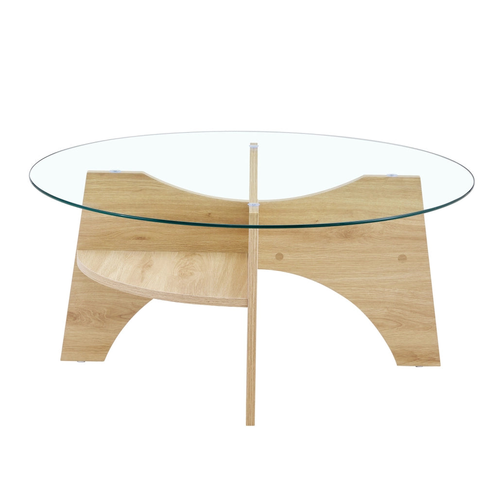 Tavolino da caffè rotondo ? 80 cm in vetro trasparente e MDF effetto legno