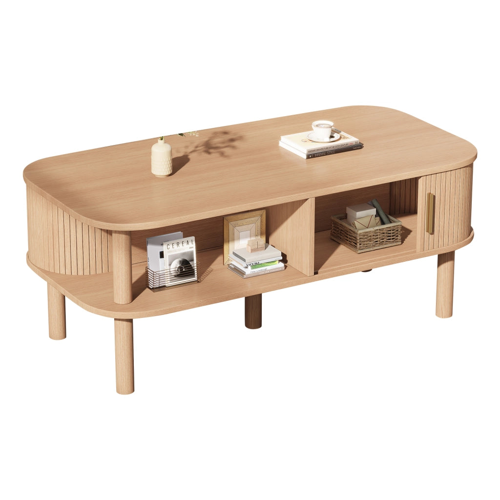 Tavolino da caffè 110×55×45 cm in MDF, design scandinavo con porta scorrevole, vani aperti e portata fino a 60 kg