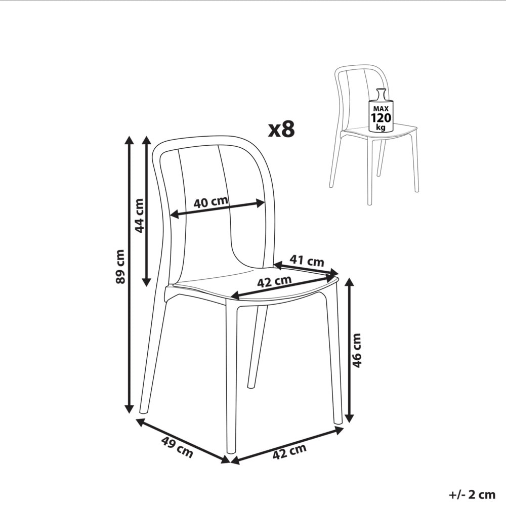 Set di 8 sedie per esterno grigie e nere impilabili senza braccioli giardino patio terrazzo