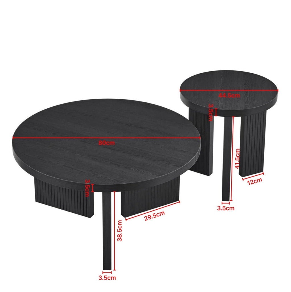 Set di 2 tavolini da salotto con struttura scanalata in MDF nero
