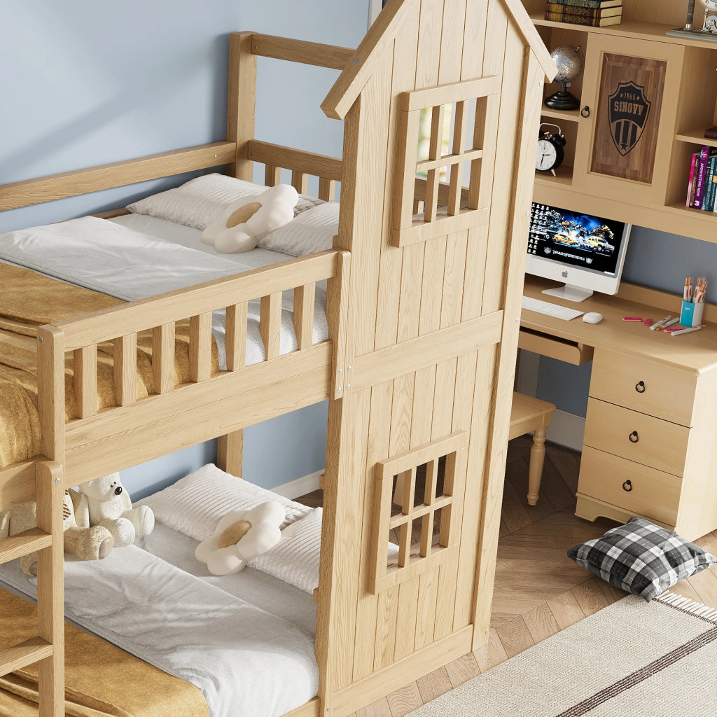 Letto a castello a casetta 90x200 cm con 2 finestre; scala a 3 gradini e parapetto integrale; pino e MDF; naturale