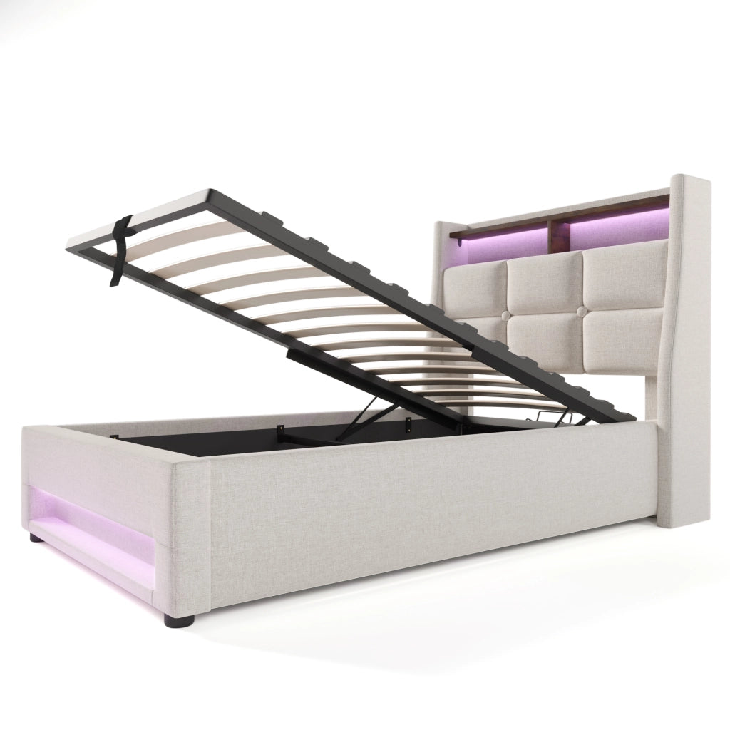 OKWISH Letto Contenitore 90×200 cm, Letto Singolo con USB, LED Regolabile e Mensola, senza Materasso, in Tessuto Lino, Beige