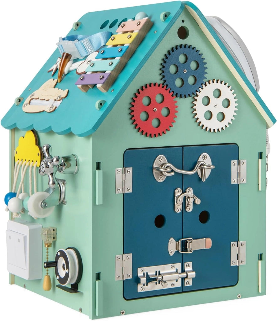 Occupato Montessori per Bambini, Casa da Gioco Montessori con Giochi Sensoriali e Spazio Interno, Giocattolo Educativo e Regalo per Bambini 3 Anni+ (Blu)