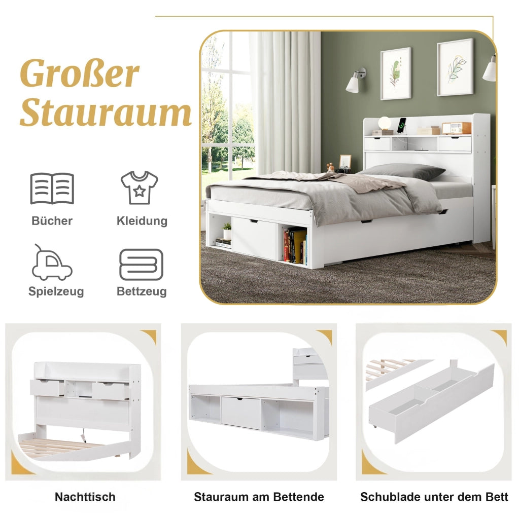 Letto singolo 90x200 cm con USB; Type-C; cassetti e vani contenitore; bianco