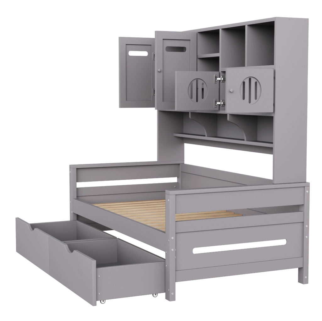 Letto singolo multifunzionale 90x200 cm con cassetti e vani contenitivi grigio