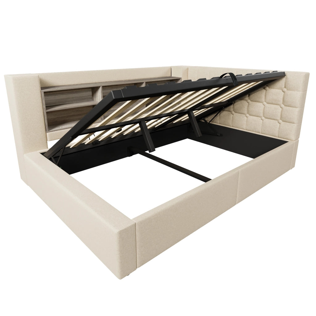 Letto matrimoniale 140x200 cm con contenitore; testiera a L reversibile; LED e porte USB; beige