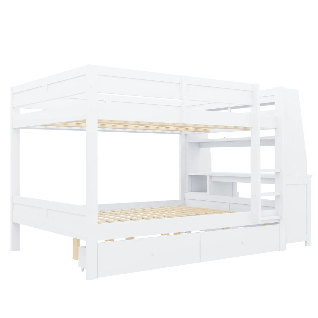Letto a castello 140×200 cm con scrivania; armadio; ripiani e 2 cassetti; senza materasso; legno; bianco