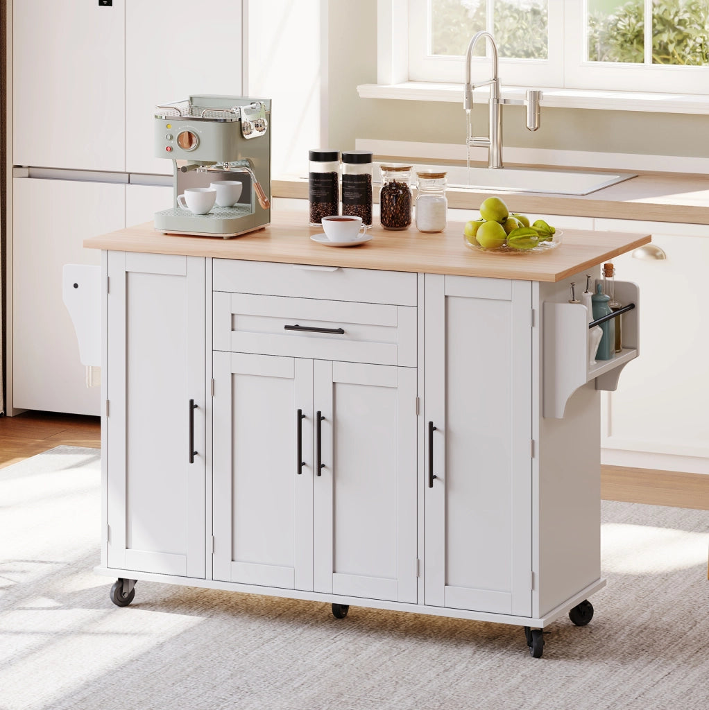 Isola cucina mobile 136x70x92 cm in MDF bianco e naturale con piano allungabile