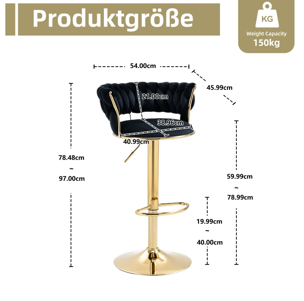 Sgabello bar girevole 360° regolabile in velluto nero con base oro