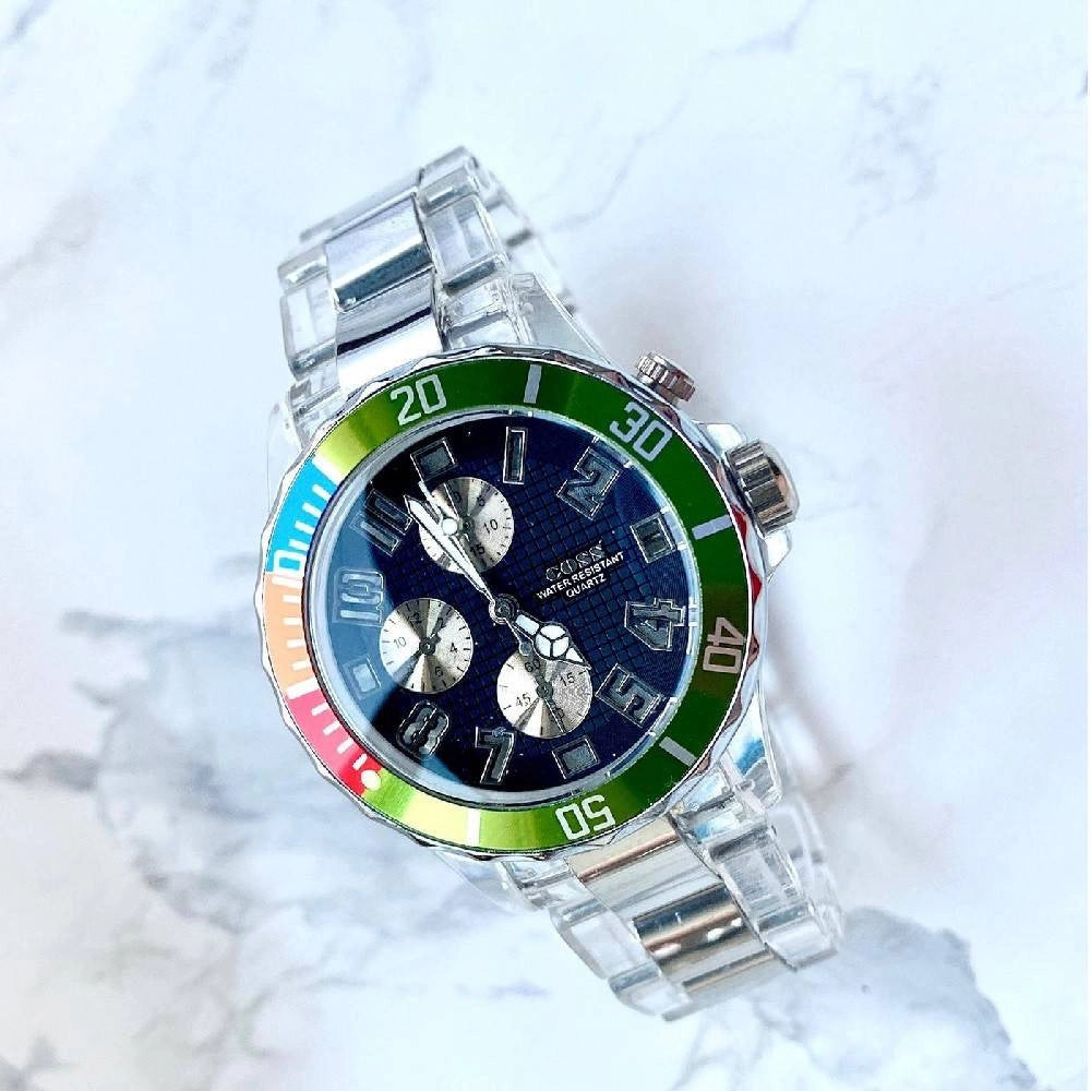 Trade Shop - Orologio Da Polso Coss Uomo Analogico Quarzo Luminoso Silver Verde Quadrante Blu -