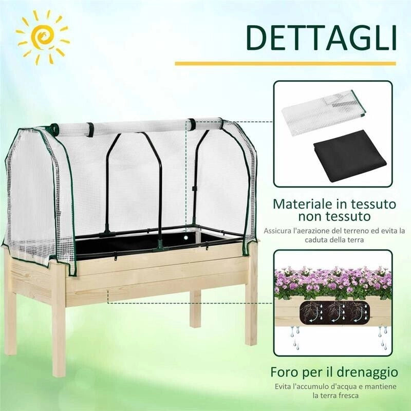 LETTO PER ORTO IN CASSETTA CON SERRA DA GIARDINO, PORTAPIANTE DA ESTERNO IN LEGNO E PE PER FIORI E VERDURE