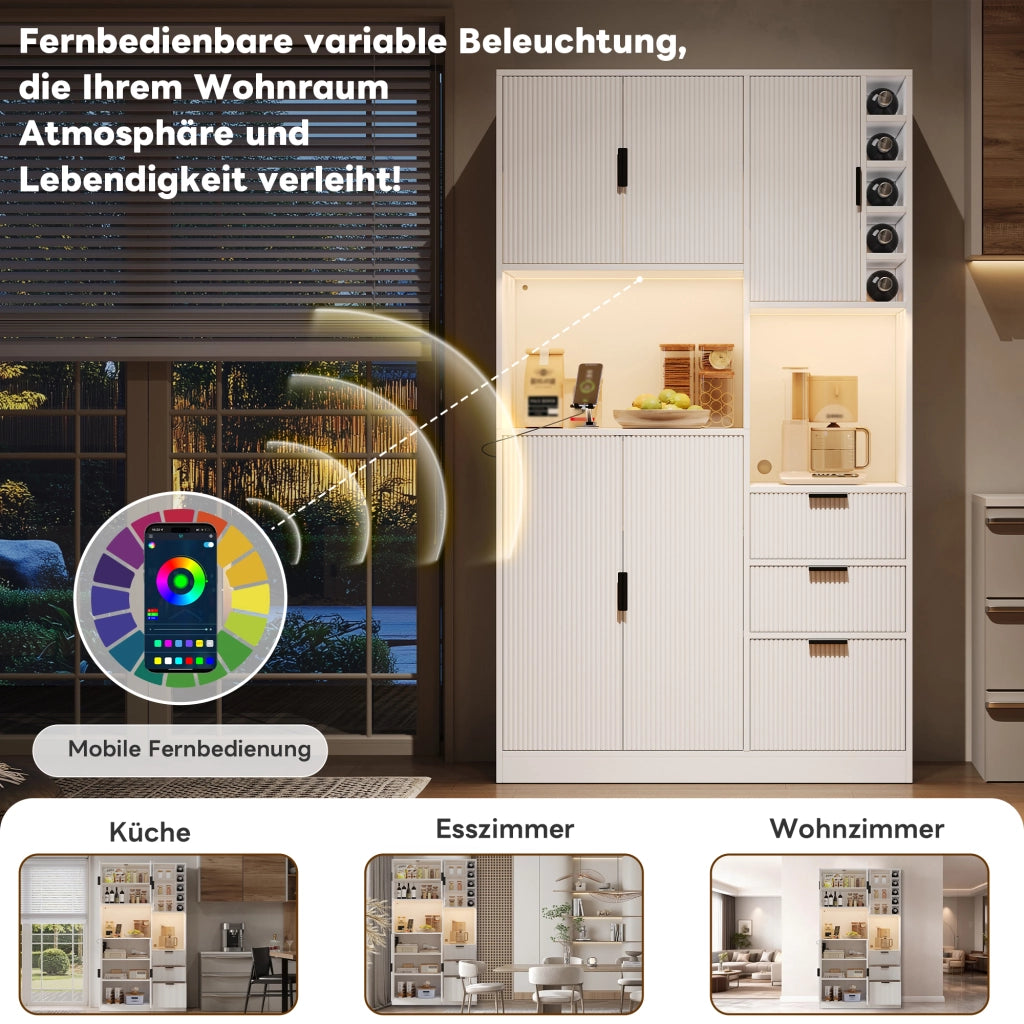 Credenza da cucina alta con 3 cassetti portabottiglie LED regolabile prese integrate MDF bianco 105 × 40 × 180 cm