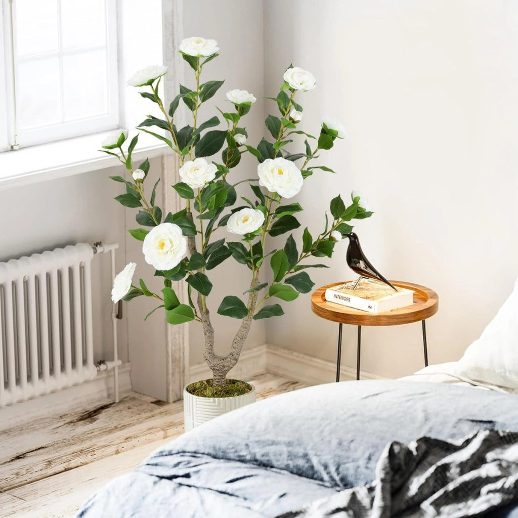 Albero di camelia artificiale da 90 cm, Pianta finta con fiori in vaso da vivai, Bianco e Verde-Piante artificiali