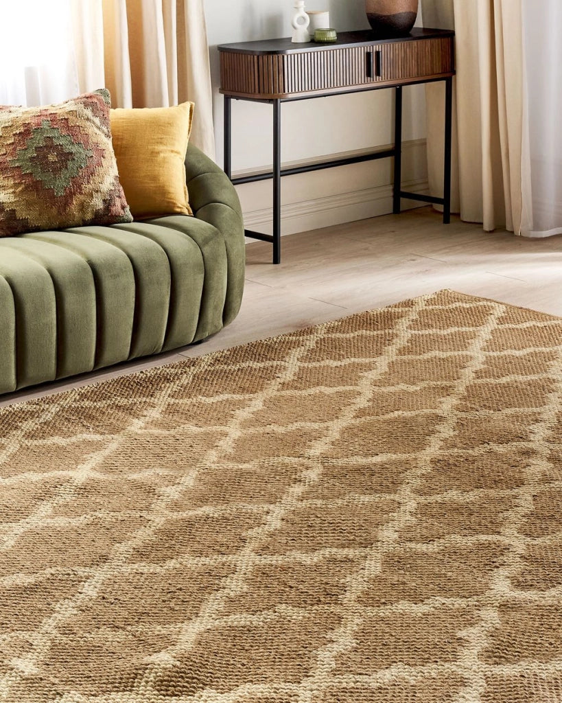 Tappeto in iuta intrecciata naturale con motivo geometrico beige 200 x 300 cm stile boho camera da letto soggiorno