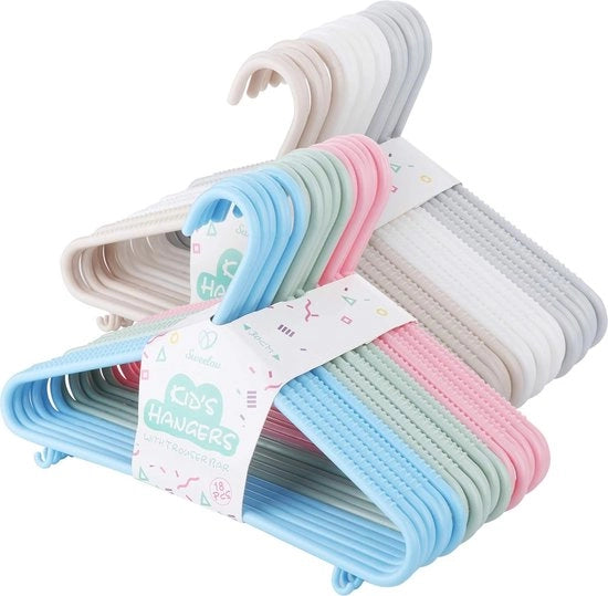 Hangers per bambino, 36 pezzi, 6 colori, ingrossamento, anticaduta plastica, hangers per bambino con standard pantaloni, sostenibili, 7 mm hangers per bambini per armadio abiti