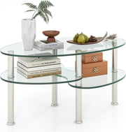 Tavolino da salotto in vetro temperato, tavolino ovale con 3 ripiani in vetro e gambe in acciaio inox con poggiapiedi, elegante tavolo da soggiorno per ufficio e casa, 89 × 49 × 45 cm