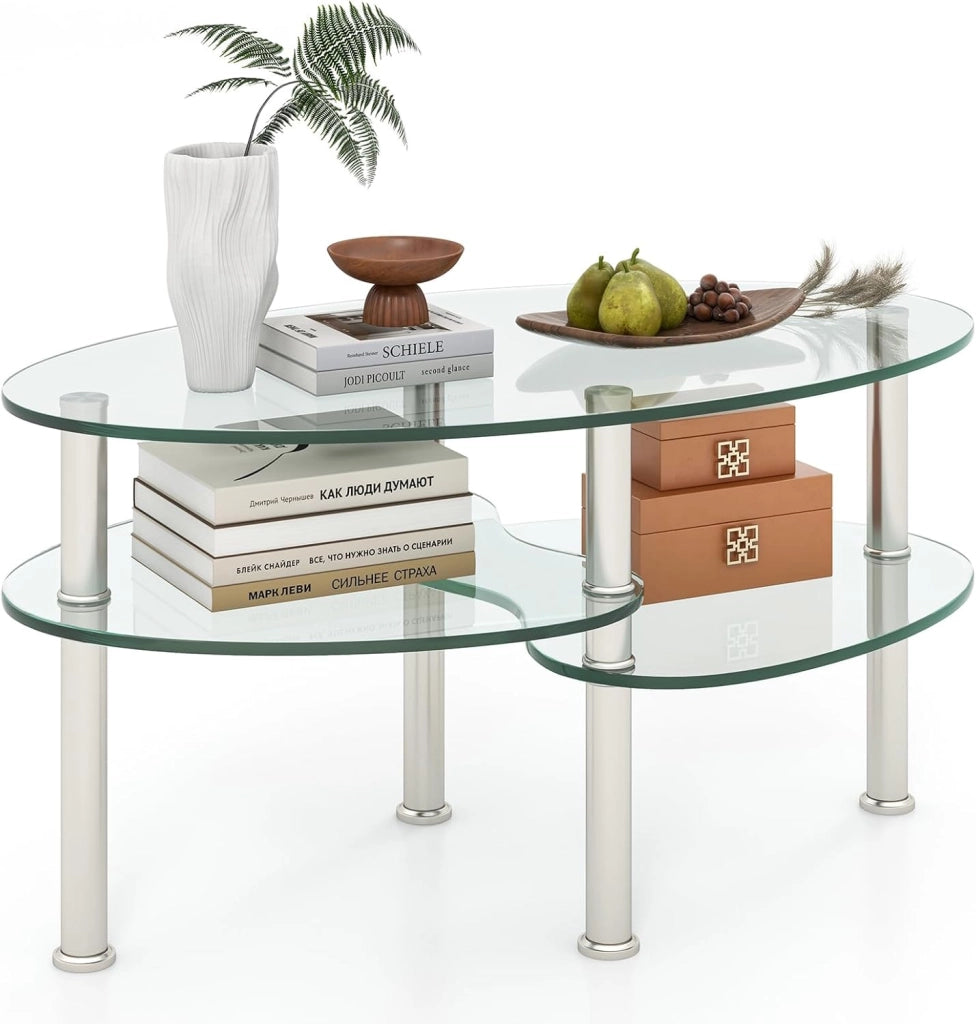 Tavolino da salotto in vetro temperato, tavolino ovale con 3 ripiani in vetro e gambe in acciaio inox con poggiapiedi, elegante tavolo da soggiorno per ufficio e casa, 89 × 49 × 45 cm