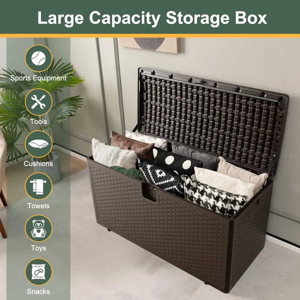 Cassapanca Per Esterni in Metallo e PE Rattan, Contenitore Impermeabile da 378 litri, con chiusura a chiave, 127 x 56 x 64 cm, Marrone