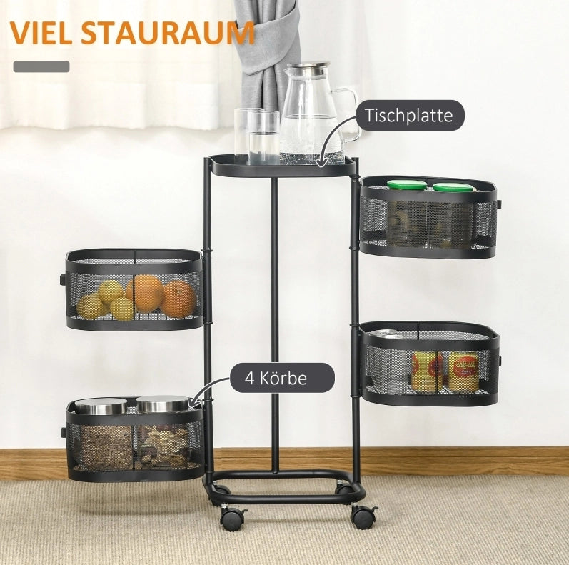 Carrello cucina con 4 ripiani girevoli e ruote, nero, 33x33x77 cm