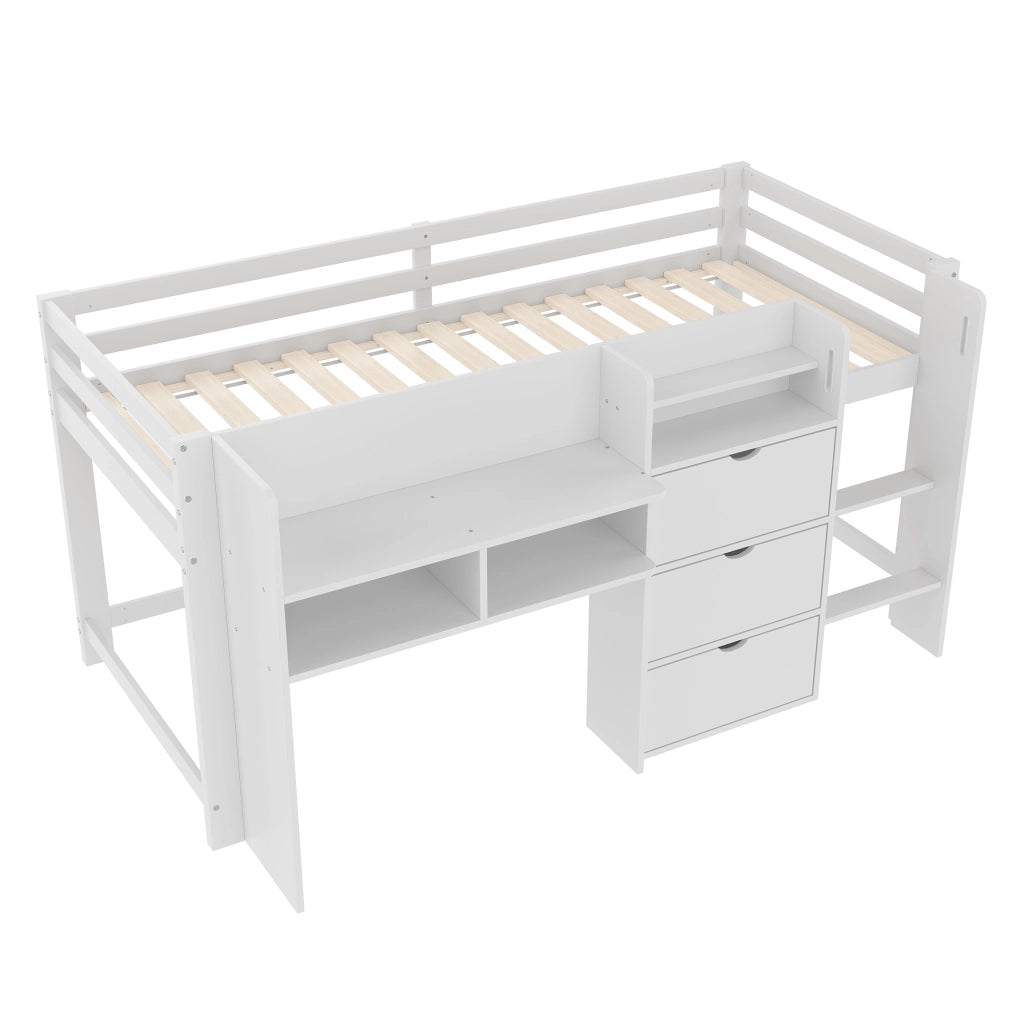 Letto alto bianco in pino con vani di stoccaggio e zona intrattenimento 90x200 cm