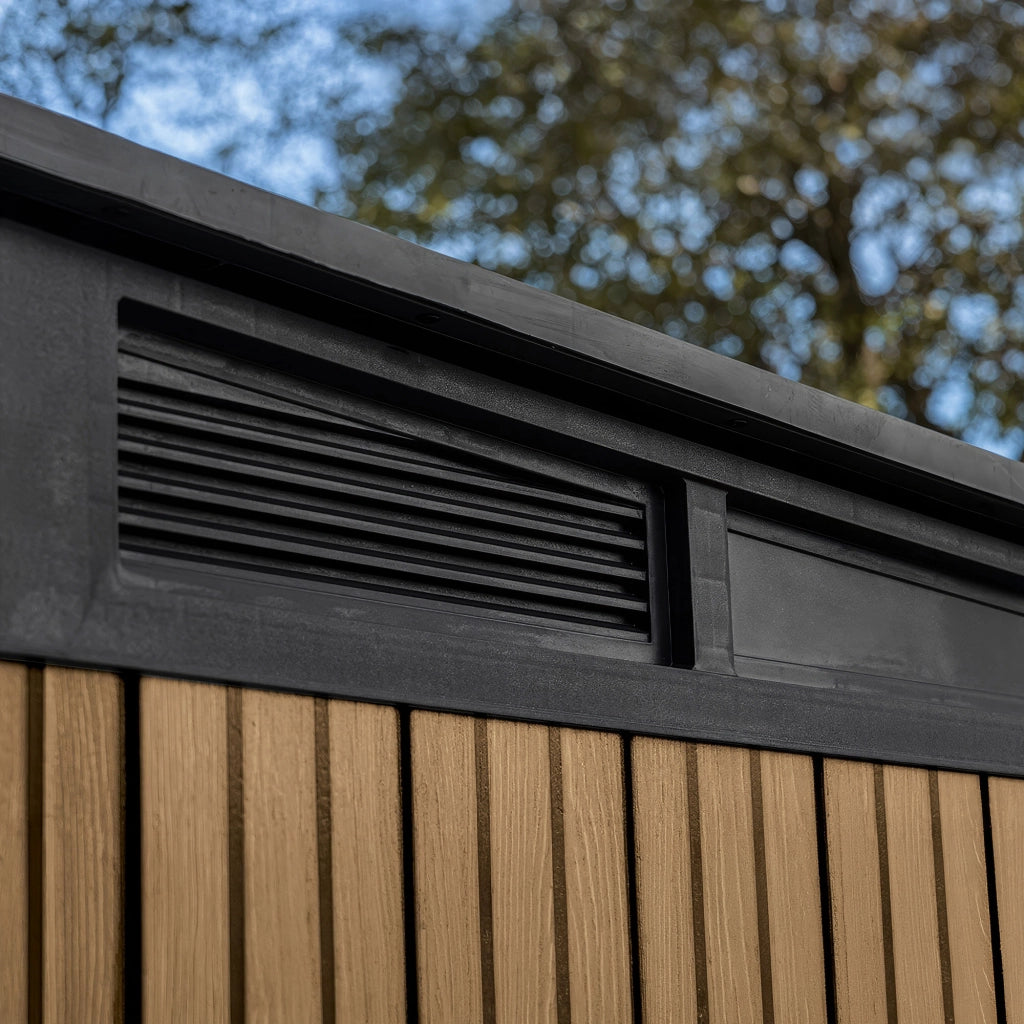 Pent 11x7 - Casetta da Giardino 342x226x218 cm 2 Ante per deposito attrezzi finitura effetto legno Evotech+ in Resina Marrone e Nero