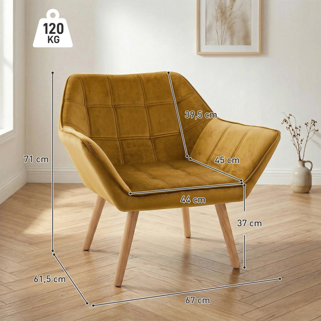 Poltrona in velluto giallo ¨C Xylo ¨C Design scandinavo con gambe in legno, capacit¨¤ 120 kg