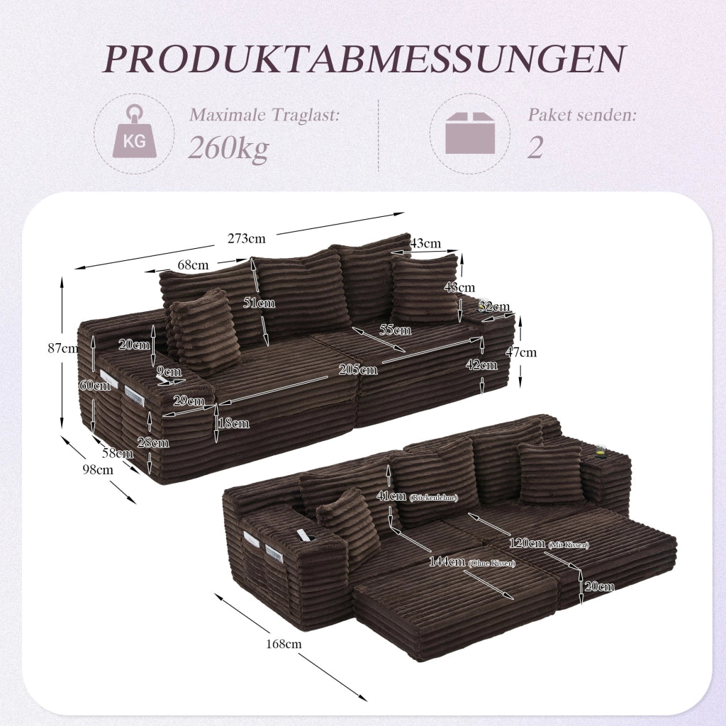 Divano letto 273 x 98 x 87 cm marrone, tasche e portabicchieri, tessuto a coste