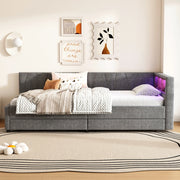 Letto daybed 90x200 cm in lino grigio con LED; USB e Type-C; 2 cassetti e vani contenitore