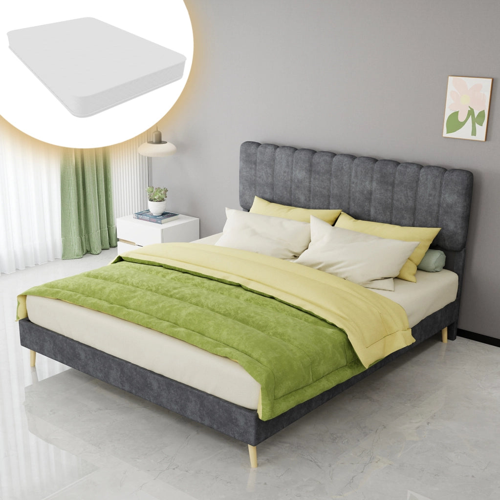 Letto matrimoniale imbottito 160x200 cm con testiera alta; tessuto grigio e struttura in metallo