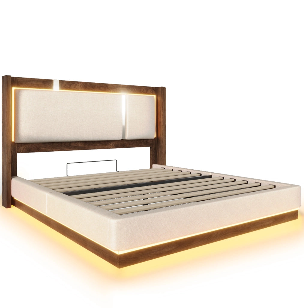 Letto matrimoniale 209x156x110 cm con LED; contenitore idraulico; in lino e legno beige