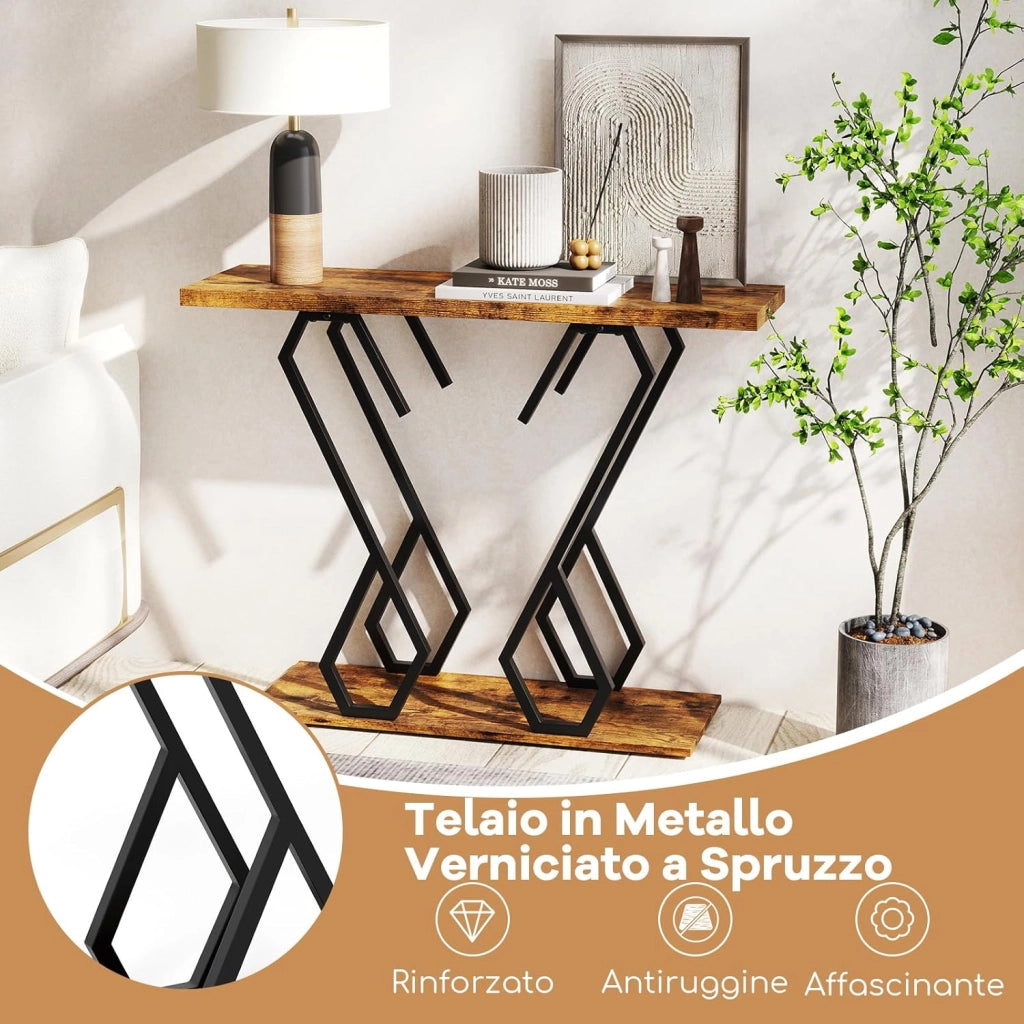 Tavolo Consolle 100cm, Tavolo d'Ingresso con Piedini Regolabili, Kit Antiribaltamento e Struttura in Metallo, Tavolino da Divano per Soggiorno, Ingresso e Corridoio (Marrone e Nero)