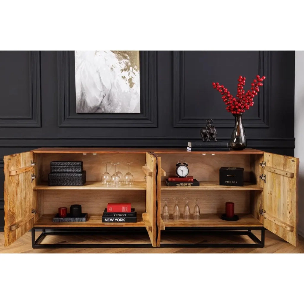Buffet TERRAKAN 180 cm – Legno Massiccio di Mango Marrone – Facciata Scultorea 3D