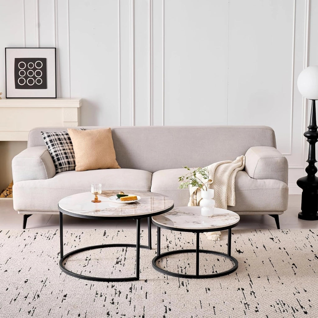 GrandCA HOME Set di 2 Tavolini Rotondi da Caffè, Tavolini Impilabili Moderni per il Soggiorno, Struttura in Metallo Nero, 50 cm e 70 cm, Realizzati in Marmo Pandora e Pietra Sinterizzata