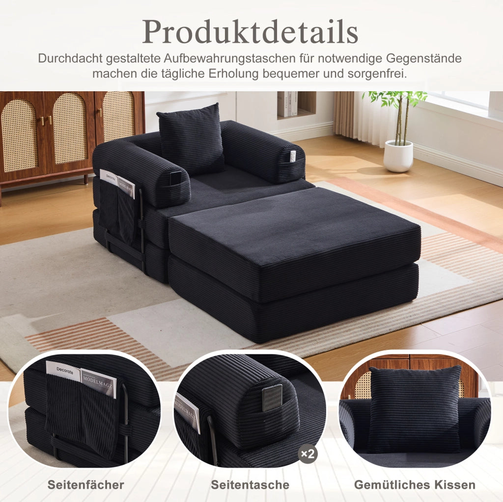 Divano modulare in velluto a coste nero con pouf