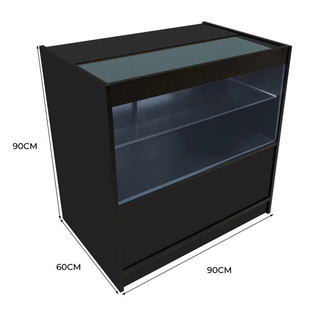 Bancone LED Nero C900 con Vetrina, 2 Ripiani a Vista, Serratura Inclusa