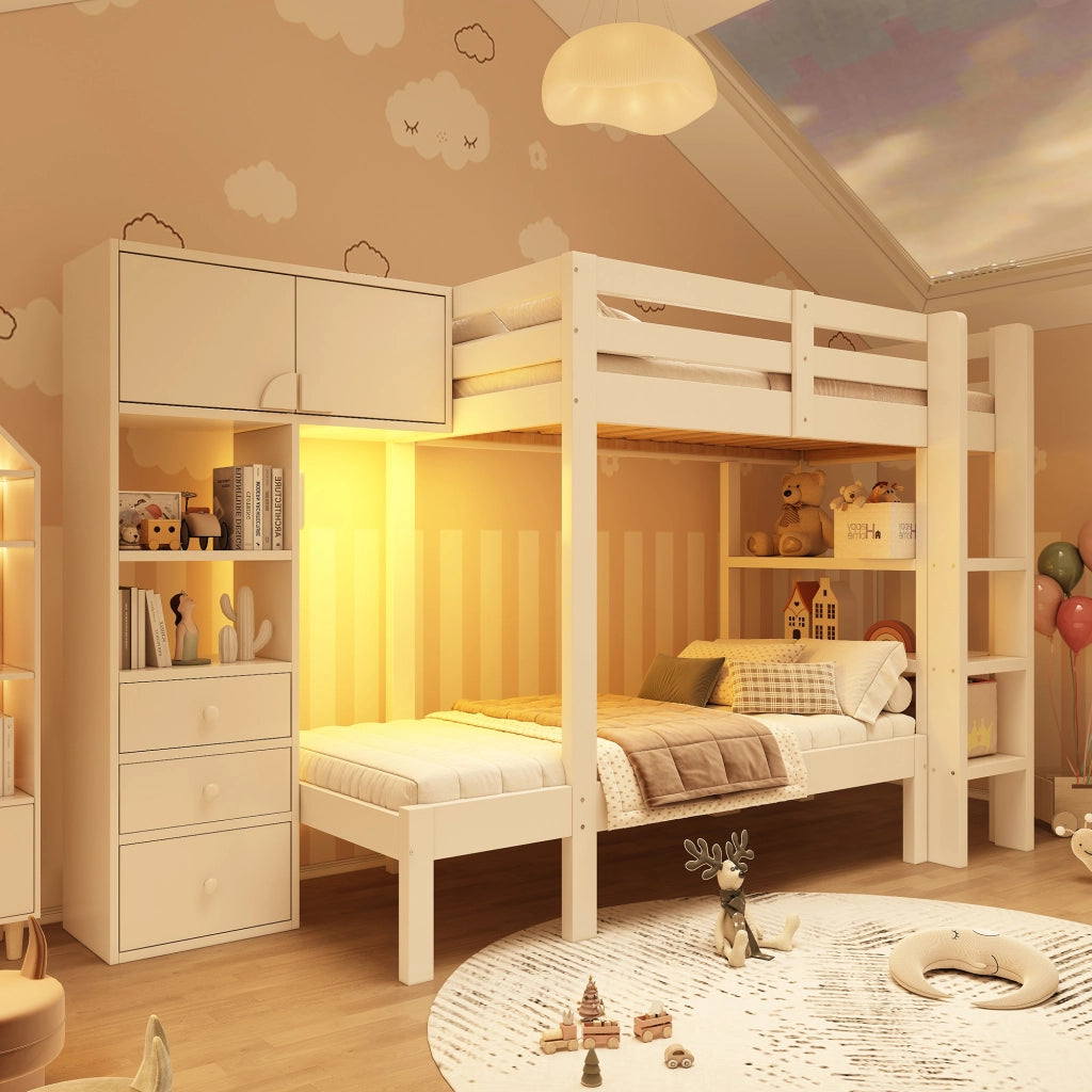 DESMIU Letto a castello bambino 90 × 200 cm con luce LED, armadio, ripiani e cassetti, senza materasso, bianco