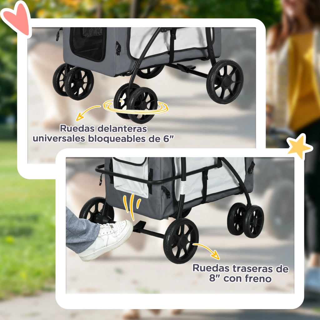 Passeggino per Cani Piccoli Pieghevole con Carrello Rimovibile 4 Porte con Cerniera ¨C Xylo ¨C Grigio