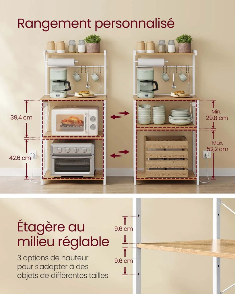 Mensola da cucina con multipresa bancone da caffè a 4 ripiani con ripiano regolabile supporto per microonde portarotolo di carta 40 x 60 x 140 cm marrone rustico e nero inchiostro 12_0005660