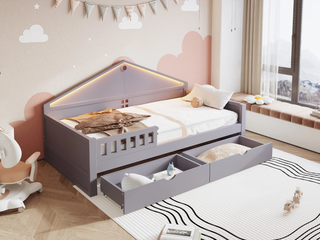 DESMIU Letto Singolo 1 Posto con 2 Cassetti e Barra Luminosa, Superficie Letto 90 × 200 cm, Senza Materasso, Grigio