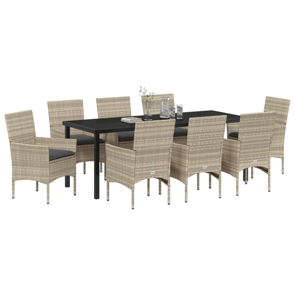 Set da Pranzo da Giardino da 9 Pezzi con Cuscini Grigio Chiaro in Rattan Poliestere