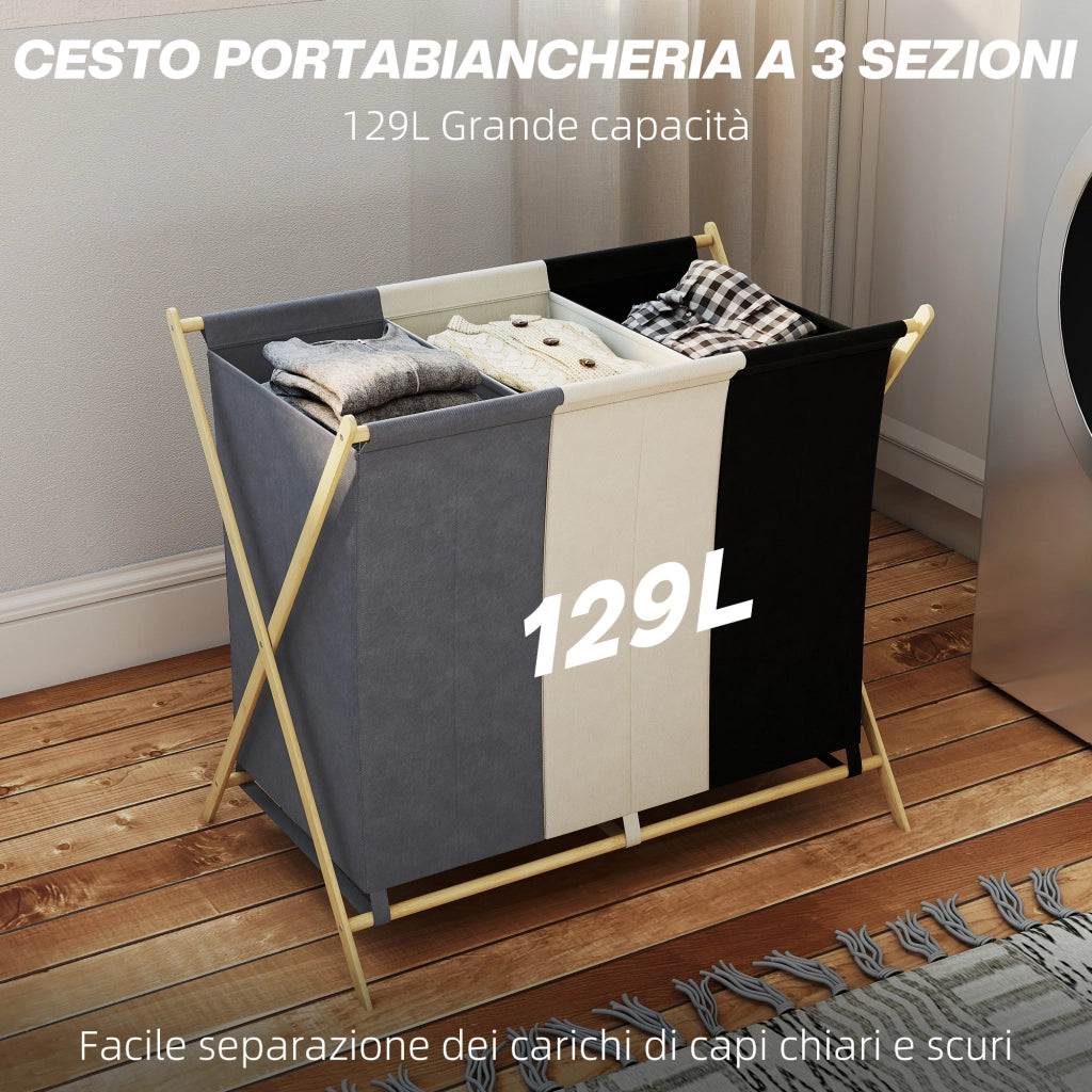 Cesto Portabiancheria Pieghevole a 3 Scomparti. in Bamb¨´ e Tessuto Effetto Lino. 75x48x67 cm. Multicolore