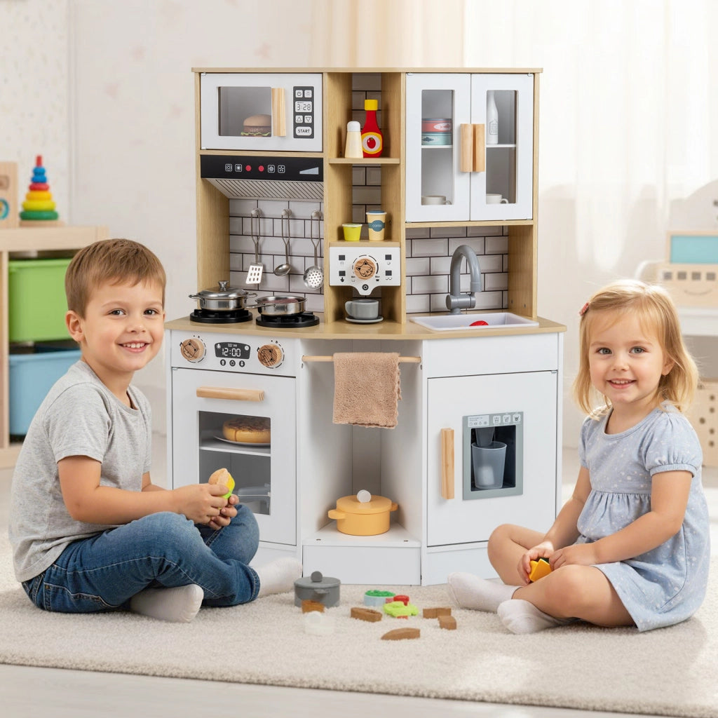 Cucina giocattolo bambini suoni luci legno fornello lavandino cappa-Cucina ghiaccio caffè microonde forno set bambini 3+anni Naturale