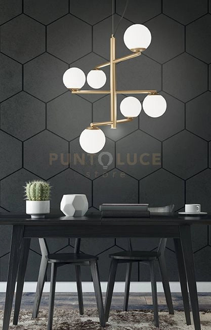 SOSPENSIONE GIZAH BIANCO E ORO 6 LUCI ATTACCO E14 PIU' LED INTEGRATO 5W 420LM